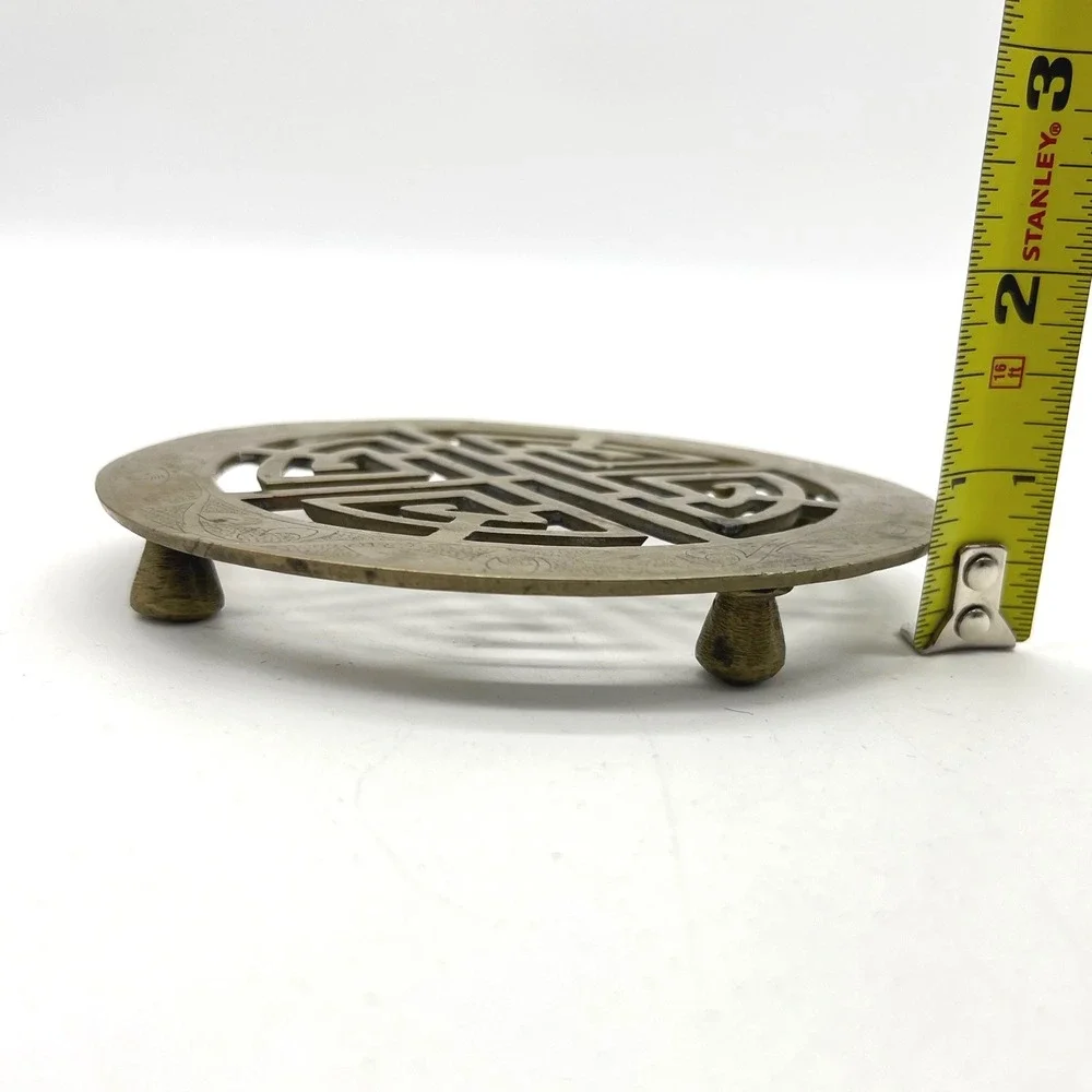 Vintage‎ Brass Shou Longevity Symbol Trivet Chinese Fretwork Teapot Stand 4.75in